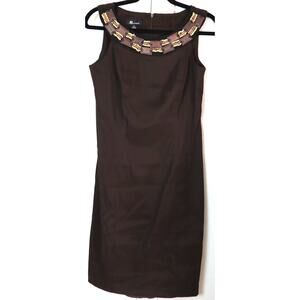 AB Studio Brown Dress Sleeveless Wood Beaded Neck Sheath Summer Sundress 6